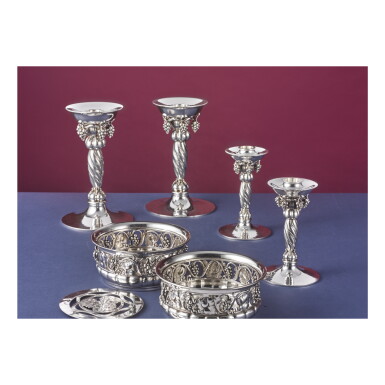 View full screen - View 1 of Lot 33. TWO PAIRS OF DANISH SILVER GRAPEVINE PATTERN CANDLESTICKS, NOS. 263A AND 263B, DESIGNED BY GEORG JENSEN, GEORG JENSEN SILVERSMITHY, COPENHAGEN, 1989 AND CIRCA 1945-77.