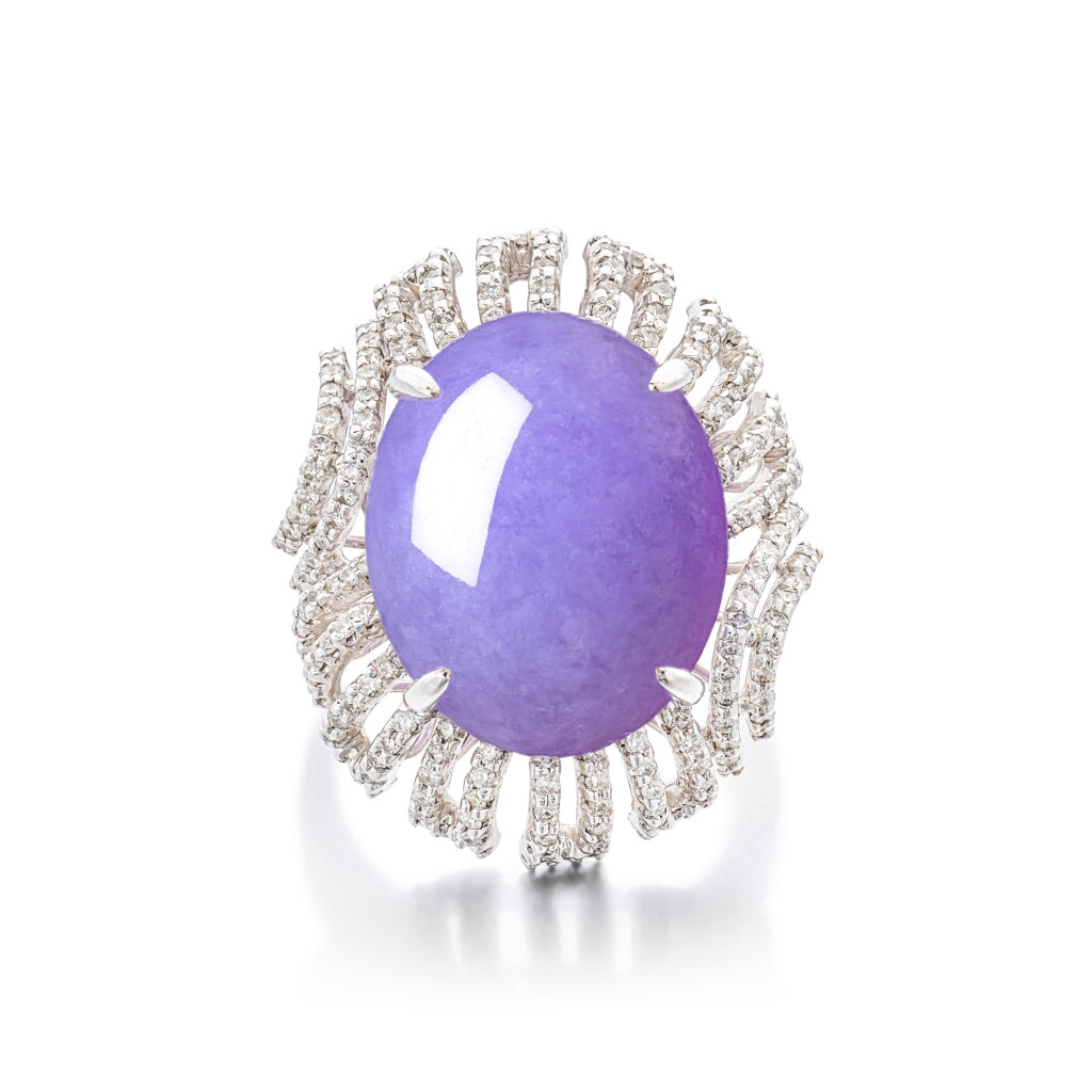 View full screen - View 1 of Lot 1835. Lavender Jadeite and Diamond Ring | 紫色翡翠 配 鑽石 戒指.