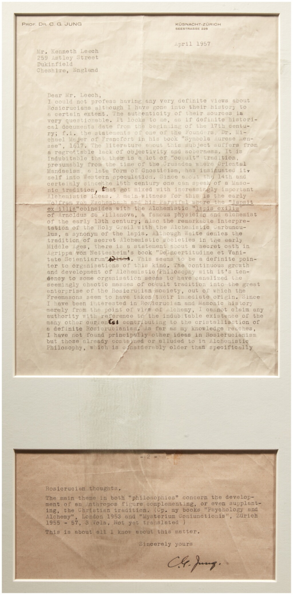 View full screen - View 1 of Lot 142. Carl Jung | Two typed letters signed, to Kenneth Leech, 1956-57.