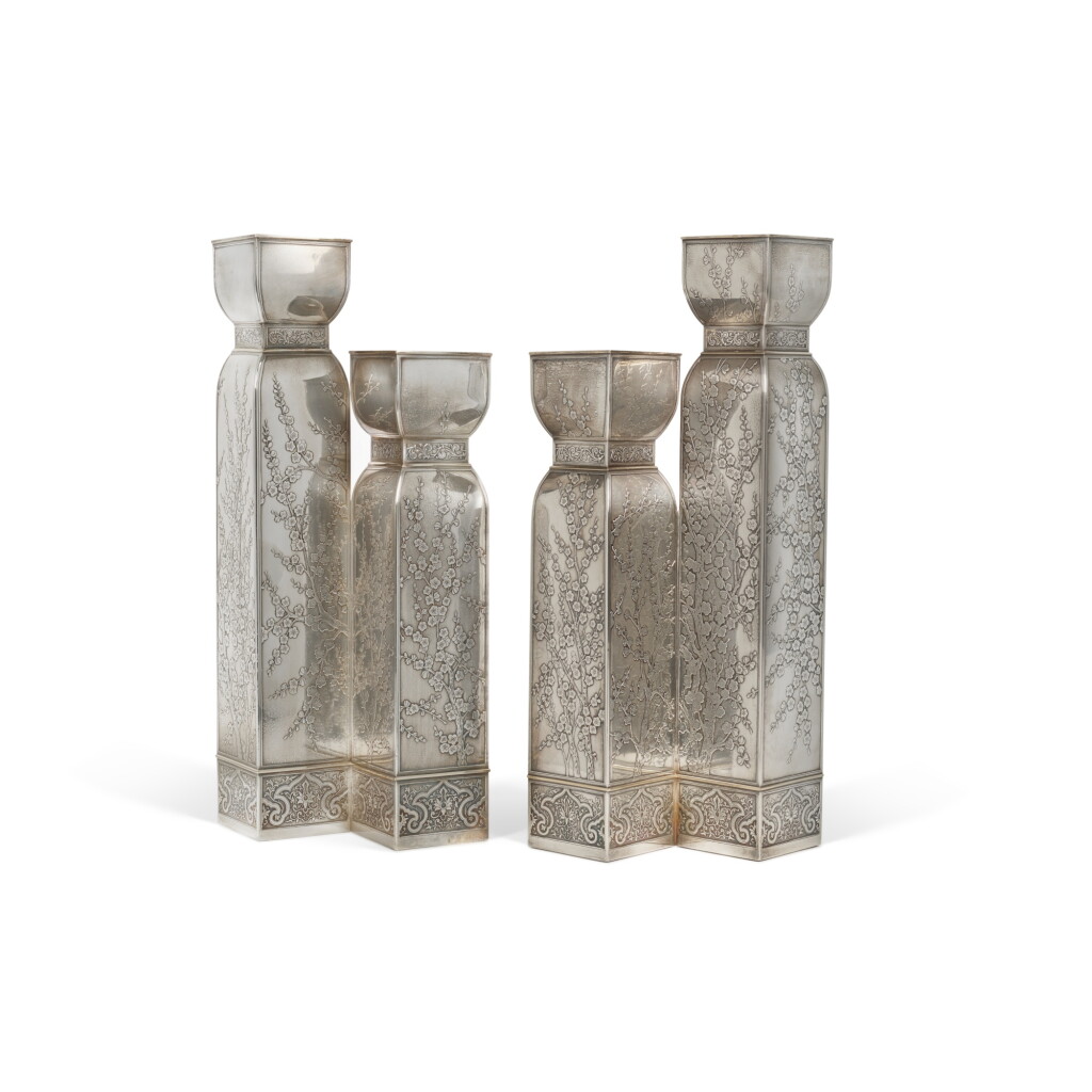 View full screen - View 1 of Lot 35. Two Matching American Silver and 14 Karat Gold Double Vases, Circa 1900.
