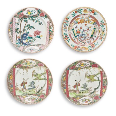 View full screen - View 1 of Lot 823. Four famille-rose dishes, Qing dynasty, Yongzheng period | 清雍正 粉彩喜上眉梢圖盤、粉彩花卉圖盤及粉彩西廂記人物故事圖盤一對.