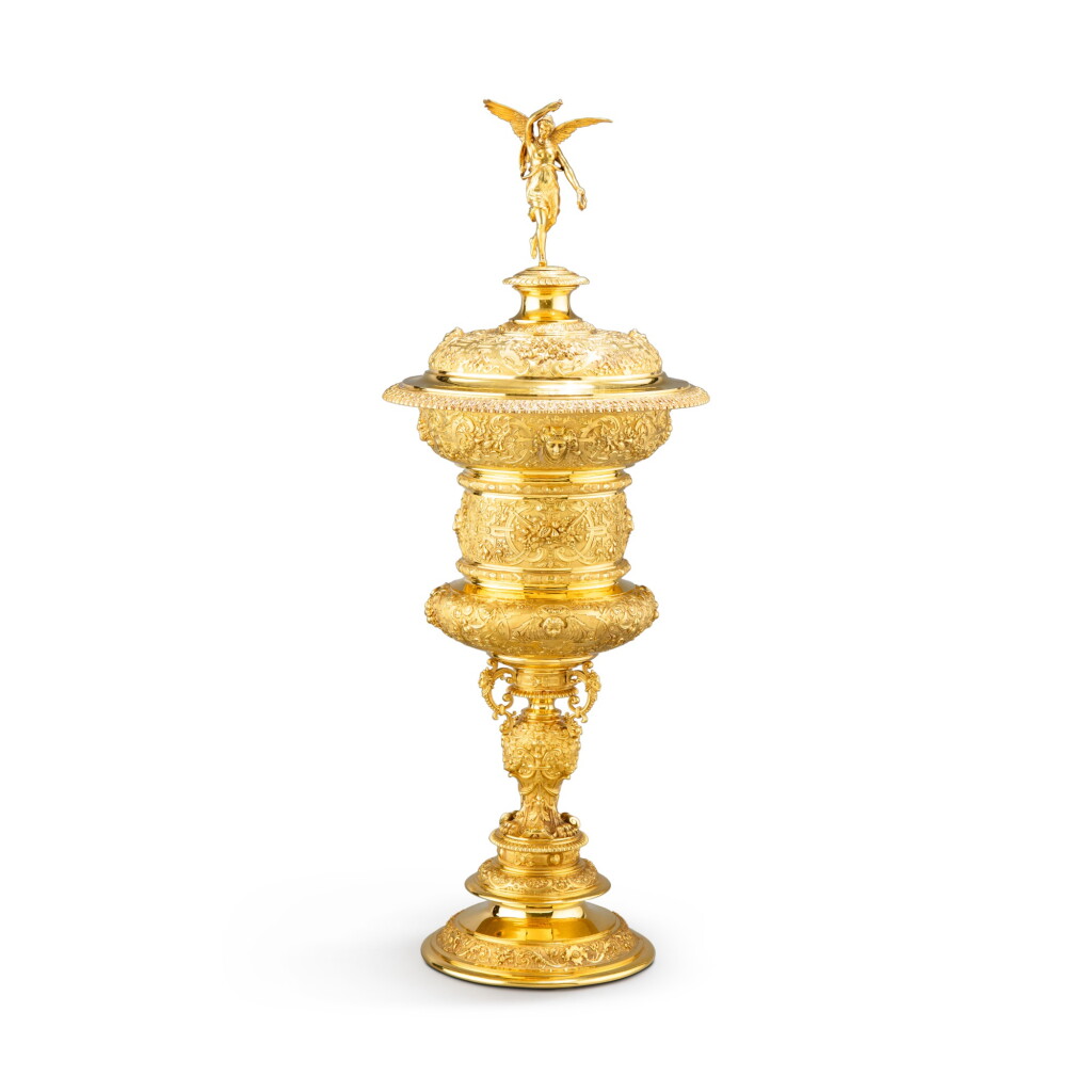 View full screen - View 1 of Lot 240. A large Edwardian 18 carat gold cup and cover, Sebastian Garrard for R. & S. Garrard & Co., London, 1901.