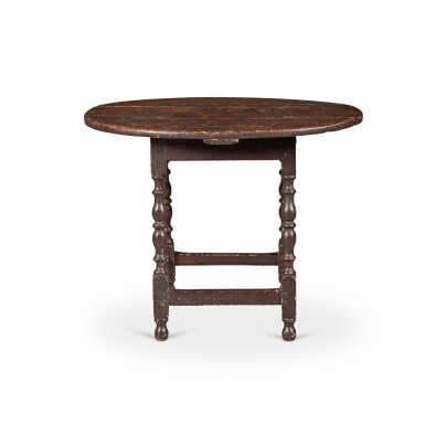 View full screen - View 1 of Lot 36. Very Fine William and Mary Black-Painted Oval-top Maple Tavern Table, Massachusetts, Circa 1740.