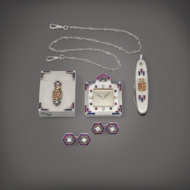 View full screen - View 1 of Lot 55. A set composed of a platinum, white gold, diamond, sapphire and ruby-set minute repeating pocket watch, platinum diamond, sapphire and ruby-set cufflinks, lighter and pocket knife | Circa 1928.
