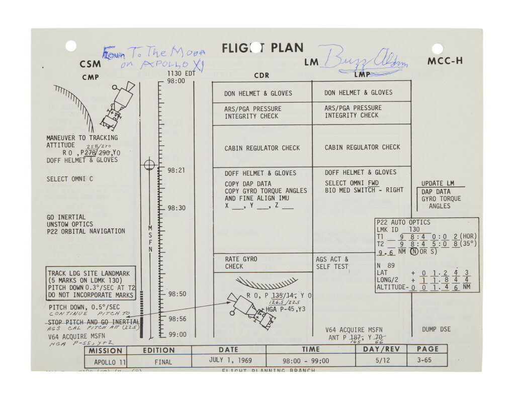 View full screen - View 1 of Lot 9. FLOWN Apollo 11 Flight Plan sheet—Detailing Preparations for the First Lunar Landing.