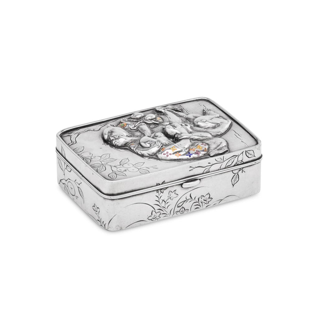 View full screen - View 1 of Lot 160. A Japanese silver and enamel 'wise monkeys' box, late 19th/early 20th century.