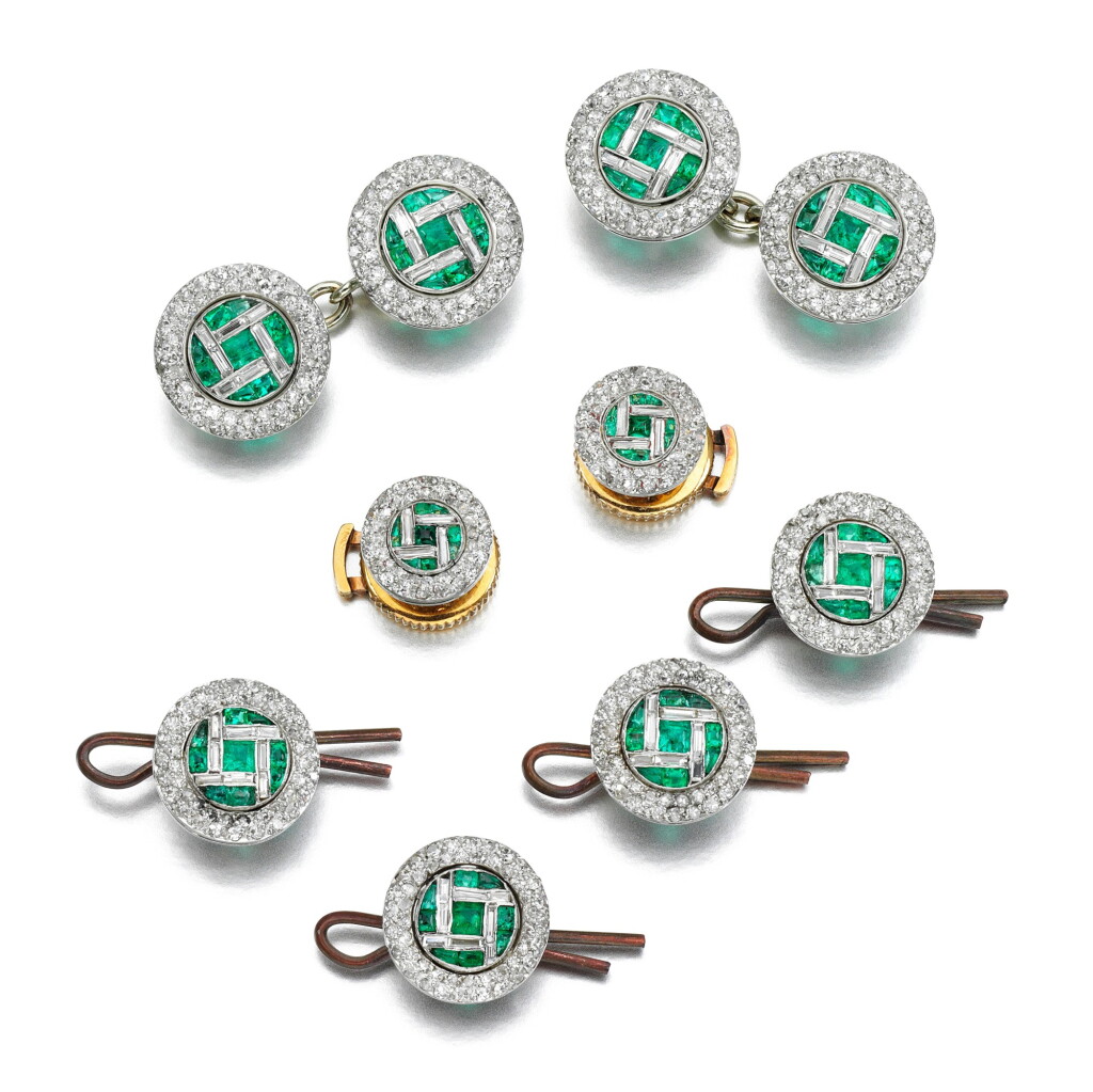 View full screen - View 1 of Lot 41. VAN CLEEF & ARPELS | EMERALD AND DIAMOND DRESS SET.