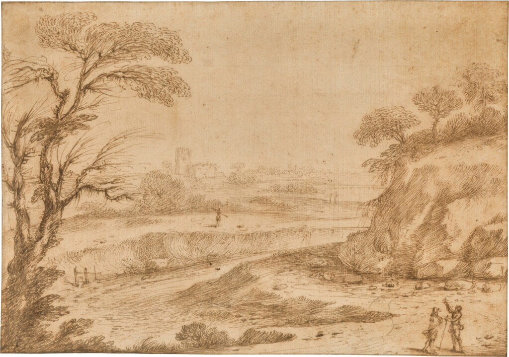 View full screen - View 1 of Lot 119. Landscape with a river, two figures in the foreground, a tree to the left, a rocky hill to the right, and a tower and a building in the distance.