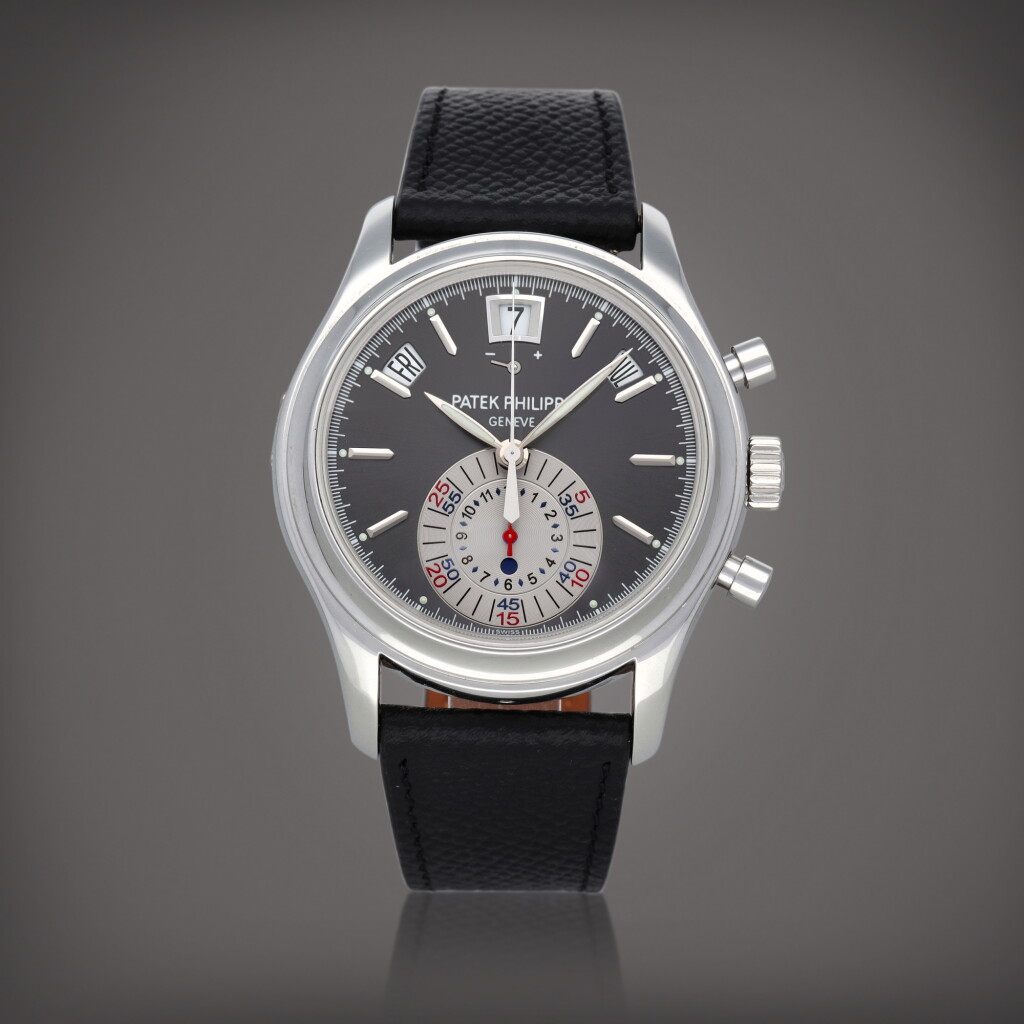 View full screen - View 1 of Lot 3. Reference 5960P-001 A platinum annual calendar chronograph wristwatch with power reserve and day/night indication Circa 2008 | 百達翡麗 | 型號 5960P-001 鉑金年曆計時腕錶備動力儲存及晝夜顯示,製作年份約 2008.
