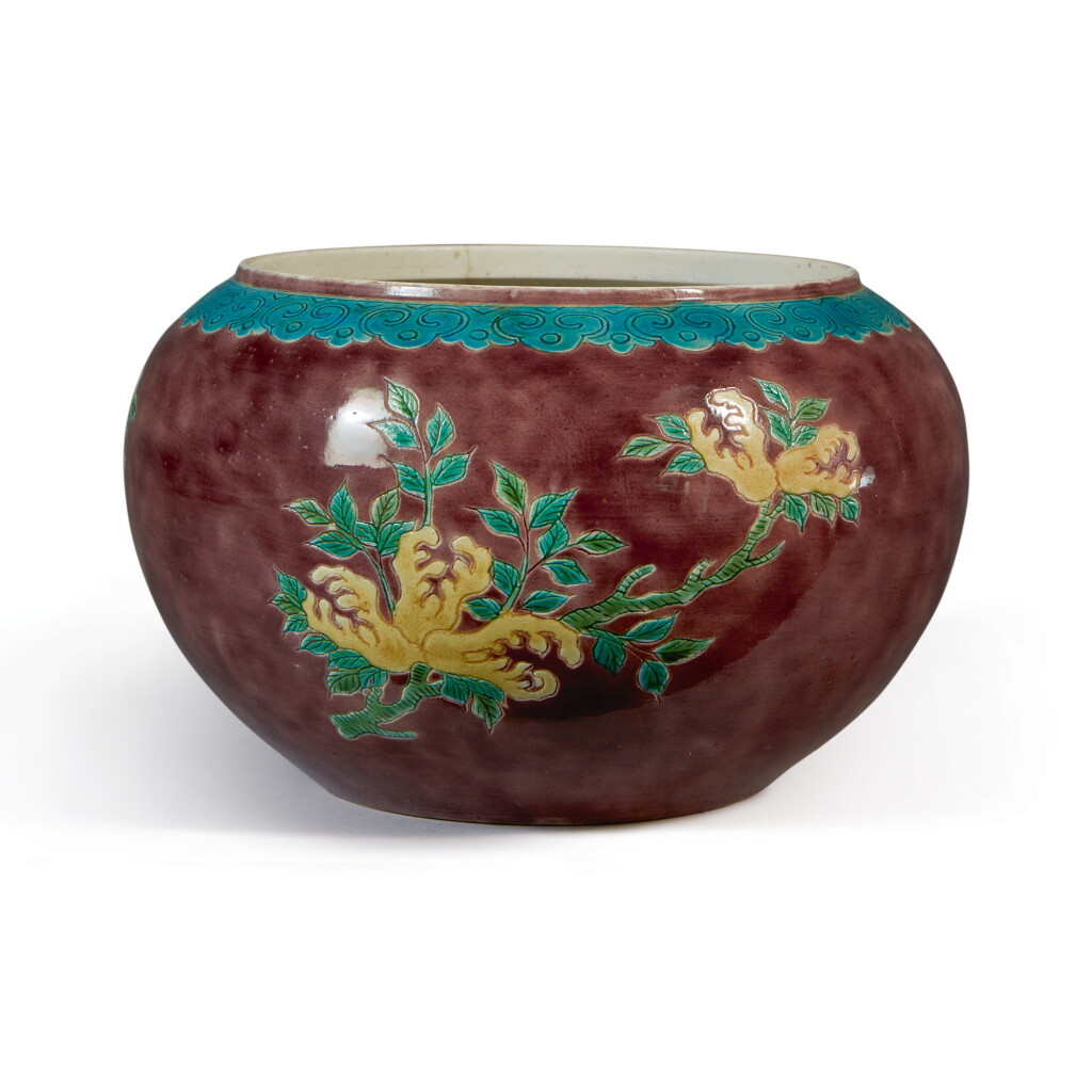 View full screen - View 1 of Lot 810. AN AUBERGINE-GROUND 'THREE ABUNDANCES' ALMS BOWL, QING DYNASTY, 19TH CENTURY.