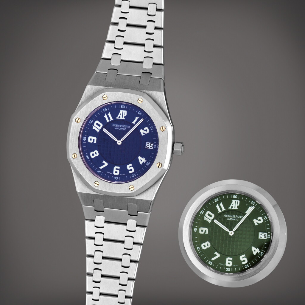 View full screen - View 1 of Lot 63. Royal Oak 'Anniversaire Italie', Reference 15128ST.OO.0944ST.01 A stainless steel wristwatch with date, bracelet and additional dial Circa 2005.