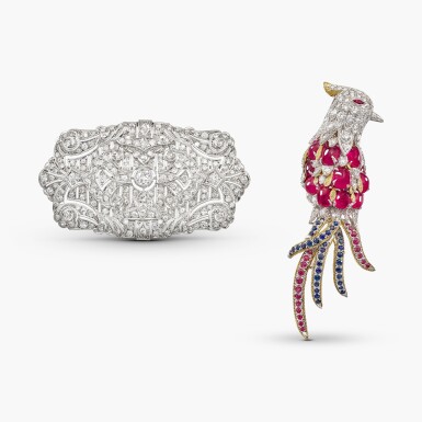 View full screen - View 1 of Lot 1361. Coloured Stone and Diamond Brooch and Diamond Brooch | 彩色寶石 配 鑽石 胸針 及 鑽石 胸針.