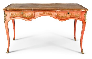 View full screen - View 1 of Lot 31. A LOUIS XV STYLE GILT-BRONZE MOUNTED PARCEL-GILT AND RED JAPANNED BUREAU PLAT.
