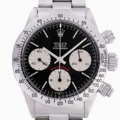 View full screen - View 1 of Lot 74. Daytona 'Big Red', Reference 6265 | A stainless steel chronograph wristwatch with bracelet | Circa 1978.