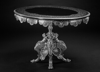View full screen - View 1 of Lot 75. A Louis-Phillipe silvered-bronze and cut nickel-silver 'Boulle' marquetry ebony centre table, circa 1840-50, attributed to Alexandre-Louis Bellangé.