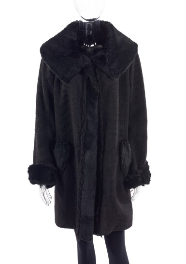 View full screen - View 1 of Lot 47. MIDNIGHT BLUE, LIGHT BLUE AND BORDEAUX KNITTED WOOL COAT WITH LAPIN INSERTS, CHANEL.
