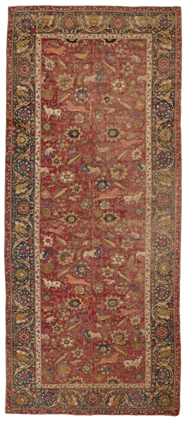 View full screen - View 1 of Lot 43. The Yerkes-Remarque Mughal Hunting Carpet, India, first half 17th century.