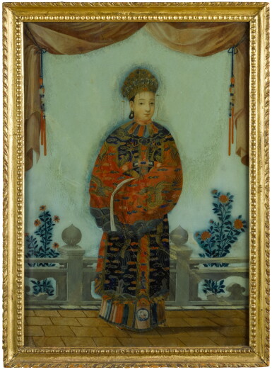 View full screen - View 1 of Lot 3. A Chinese school reverse glass painting of a seated dignitary and a piebald horse, 19th century.