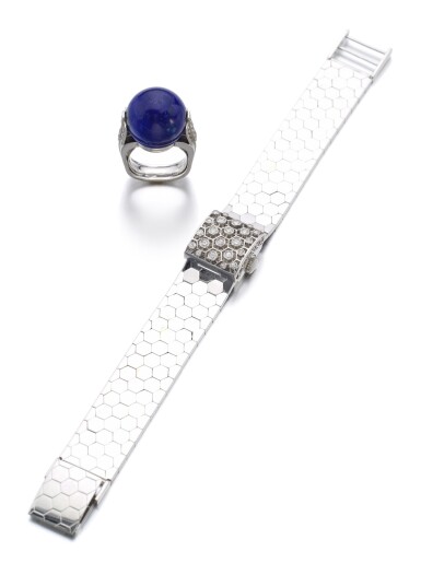 View full screen - View 1 of Lot 175. LADY'S DIAMOND WRISTWATCH AND A LAPIS LAZULI RING.