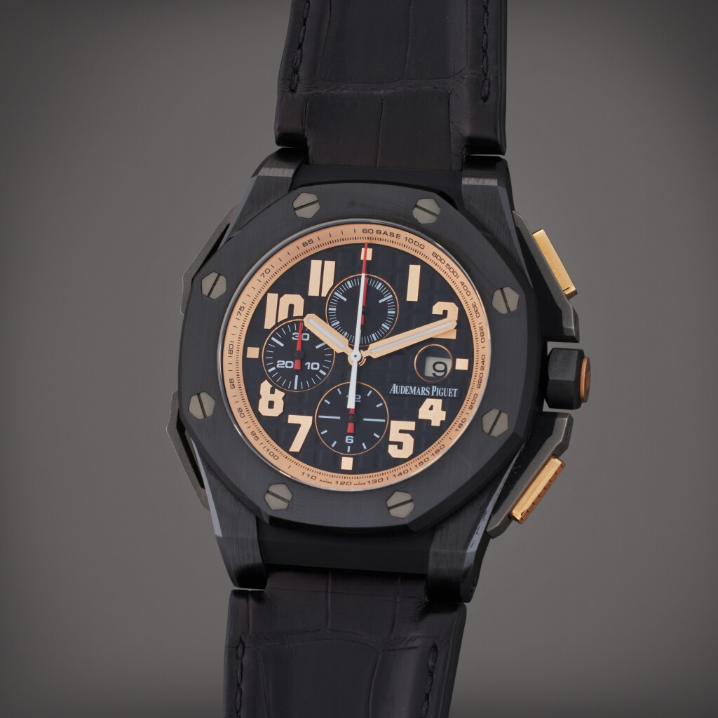 View full screen - View 1 of Lot 16. Reference 26378IO.OO.A001KE.01 Royal Oak Offshore Arnold Schwarzenegger 'The Legacy' | A limited edition titanium and ceramic automatic chronograph wristwatch with date, Circa 2012.