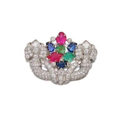 View full screen - View 1 of Lot 507. Diamond, Emerald, Ruby, and Sapphire Brooch, France.