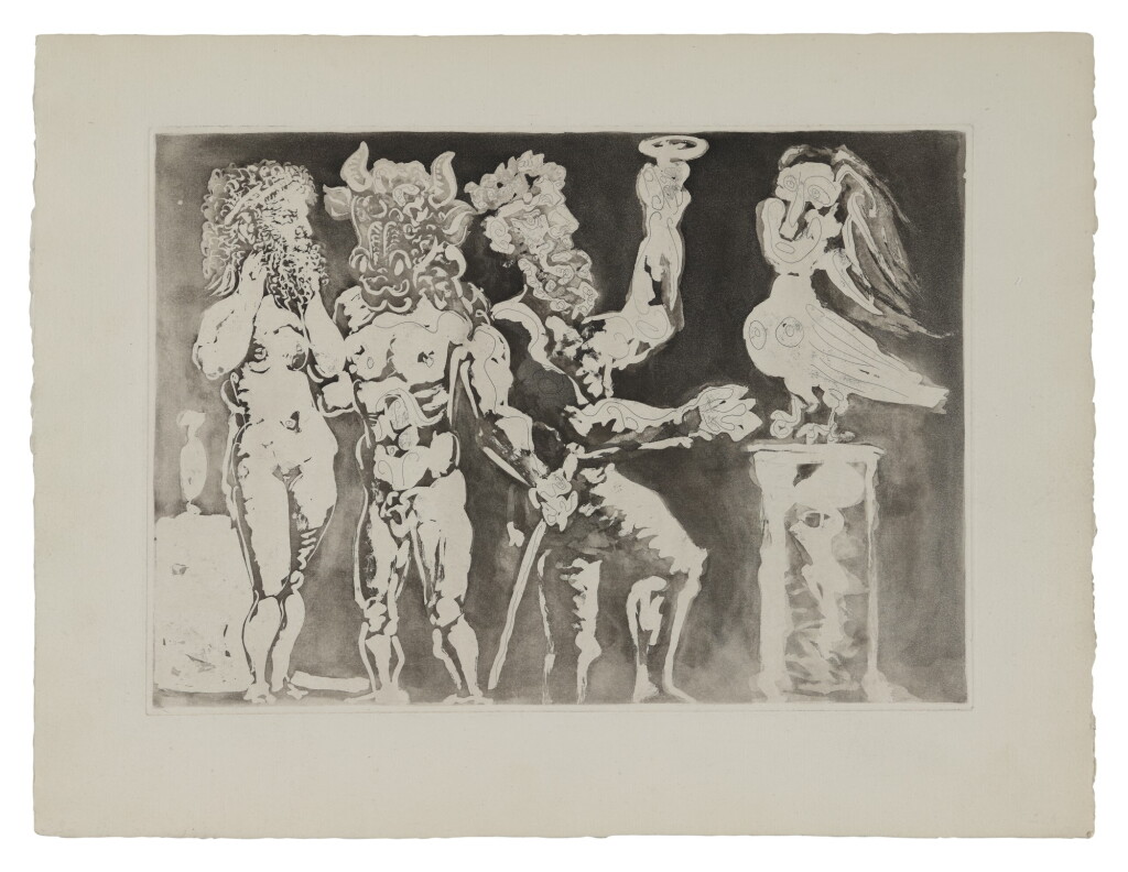 View full screen - View 1 of Lot 19. PABLO PICASSO | CHEZ LA PYTHIE-HARPYE. HOMME AU MASQUE DE MINOTAURE ET FEMME AU MASQUE DE SCULPTEUR (B. 227; BA. 441).