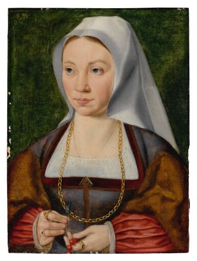View full screen - View 1 of Lot 509. ATTRIBUTED TO JOOS VAN CLEVE | PORTRAIT OF A LADY HOLDING A ROSARY AND A FLOWER.