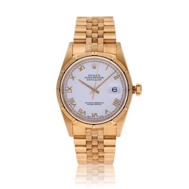 View full screen - View 1 of Lot 141. Reference 16248 Datejust, A yellow gold automatic wristwatch with date and bark bracelet, Circa 1998.