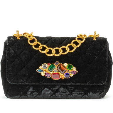 View full screen - View 1 of Lot 493. Black Velvet Flap Bag Gold and Glass Hardware.