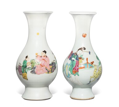 View full screen - View 1 of Lot 828. Two famille-rose 'figural' pear-shaped vases, Qing dynasty, 18th / 19th century | 清十八 / 十九世紀 粉彩人物故事圖瓶一組兩件.