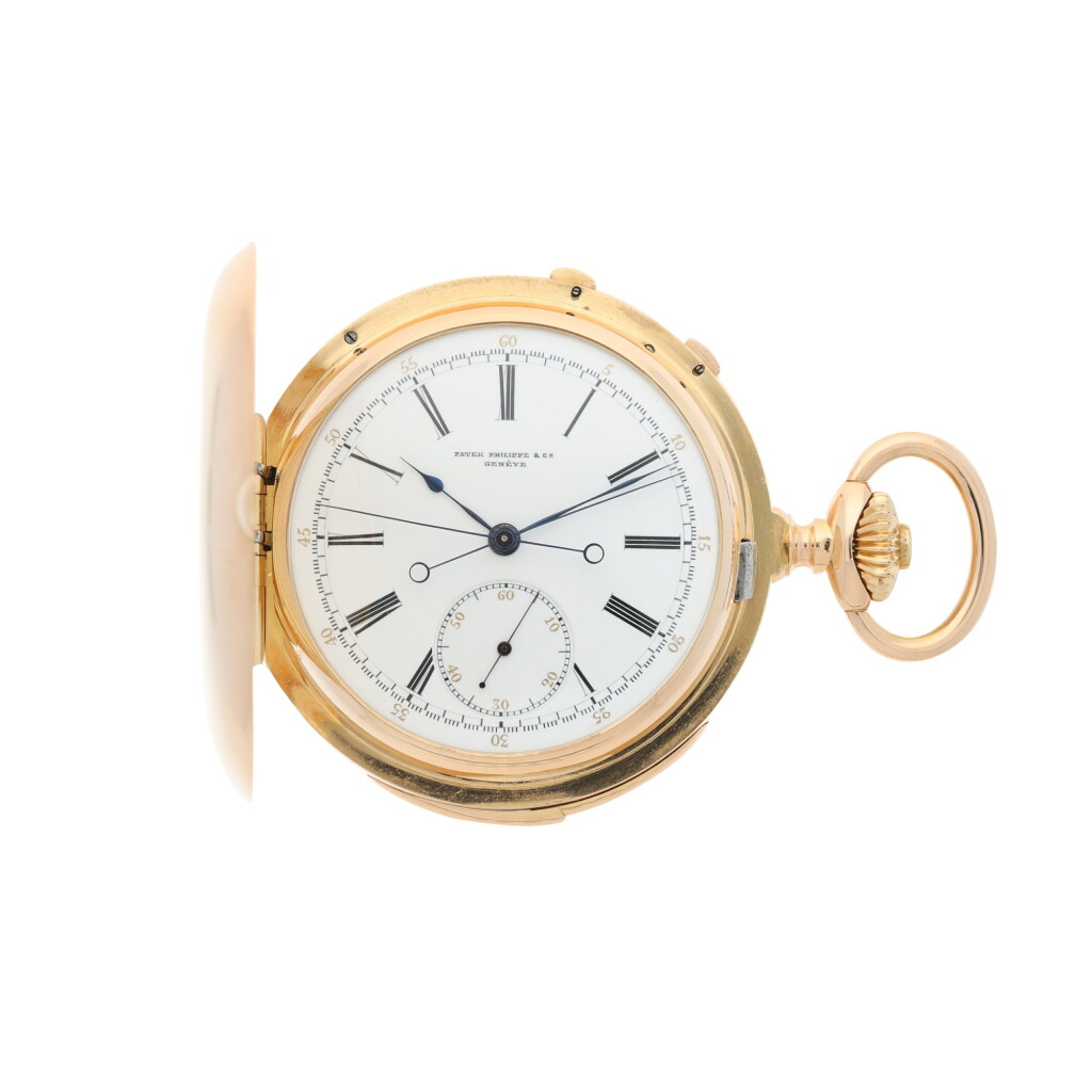 View full screen - View 1 of Lot 40. PATEK PHILIPPE | A PINK GOLD MINUTE REPEATING HUNTING CASED SPLIT SECONDS CHRONOGRAPH WATCH, MADE IN 1892.