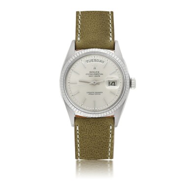 View full screen - View 1 of Lot 166. ROLEX | DAY-DATE REF 1803, A WHITE GOLD AUTOMATIC WRISTWATCH WITH DAY AND DATE CIRCA 1957.