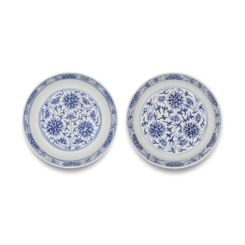 View full screen - View 1 of Lot 144. Two blue and white 'lotus' saucer dishes Marks and period of Guangxu | 清光緒 青花纏枝蓮紋盤一組兩件 《大清光緒年製》款.