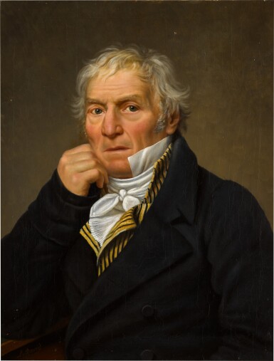 View full screen - View 1 of Lot 223. Portrait of a man, identified as Lorenzo Carlo Cantoni, bust-length, wearing a yellow and black striped waistcoat and a dark coat.