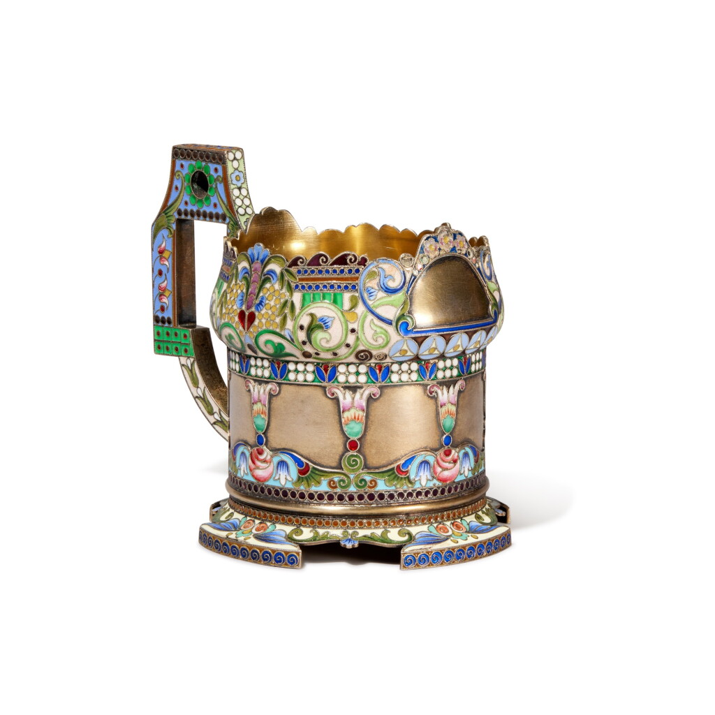 View full screen - View 1 of Lot 214. A silver-gilt and cloisonné enamel tea glass holder, Khlebnikov, Moscow, 1908-1917.