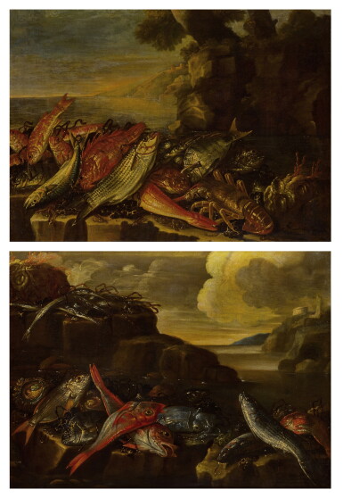 View full screen - View 1 of Lot 384. Fish, lobster, and other crustaceans on a rocky ledge; Fish and squid on a rocky ledge.
