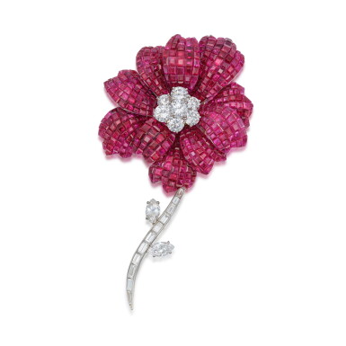 View full screen - View 1 of Lot 206. A 'Mystery-Set' Ruby and Diamond Clip-Brooch.