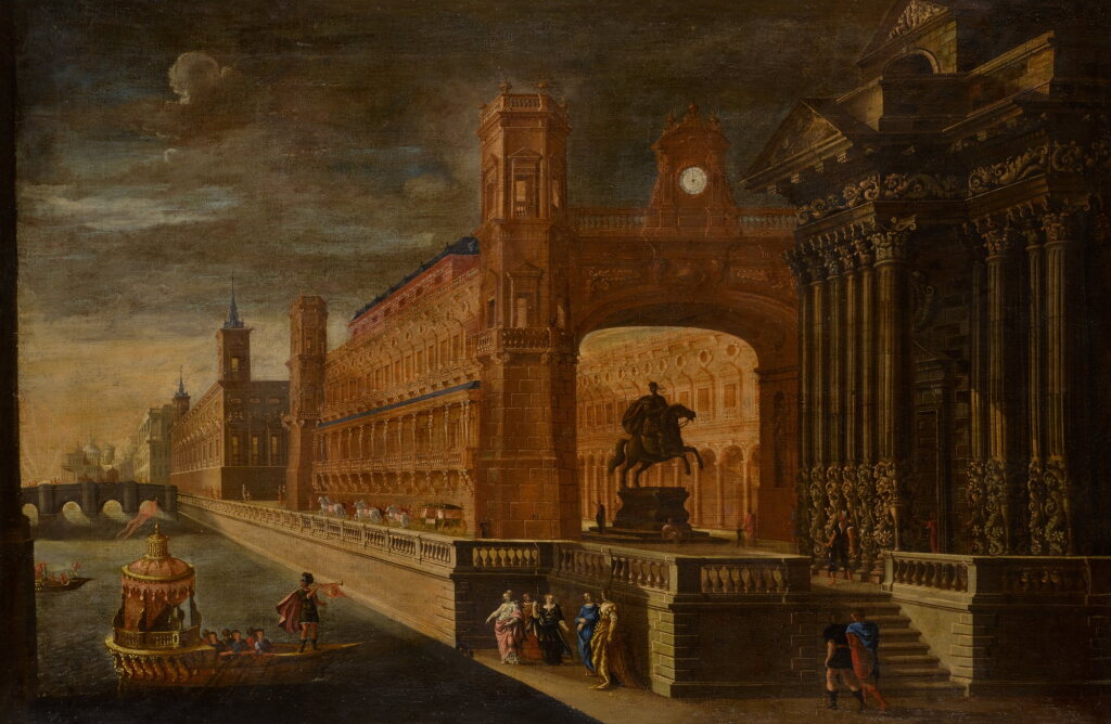View full screen - View 1 of Lot 78. An architectural capriccio, with Aeneas's arrival in Carthage in the foreground.
