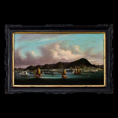 View full screen - View 1 of Lot 188. Youqua (fl. 1840-1880), circa 1850 View of Hong Kong from the Victoria Harbour | 煜呱(活躍於1840-1880年) 約1850年 香港維多利亞海港圖 布本油畫 木框.