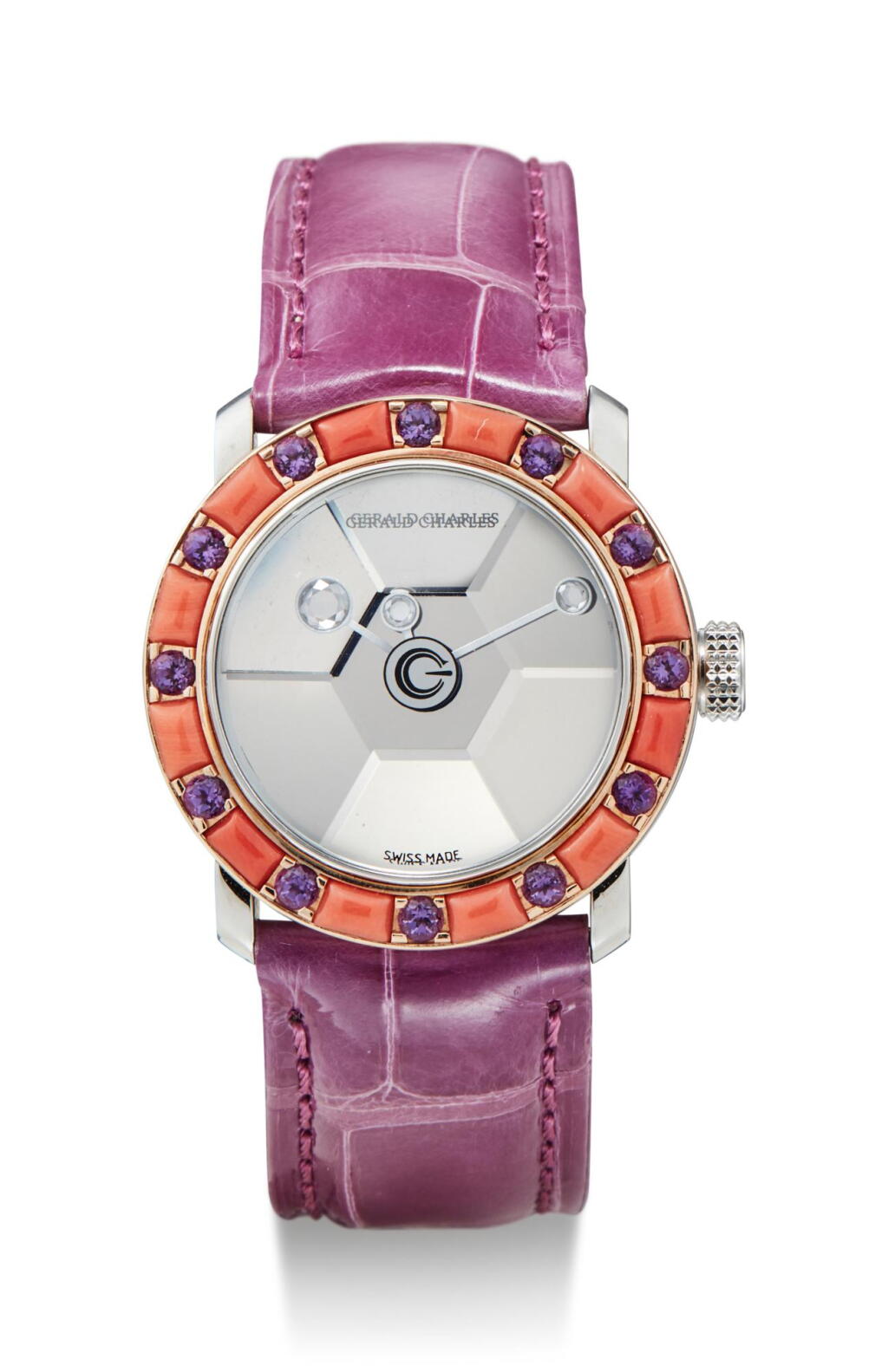 View full screen - View 1 of Lot 8078. GERALD CHARLES | STAR LADY, A SET OF TWO STAINLESS STEEL AND DIAMOND, YELLOW SAPPHIRE, OYNX, AMETHYST AND CORAL-SET WRISTWATCHES, CIRCA 2000.