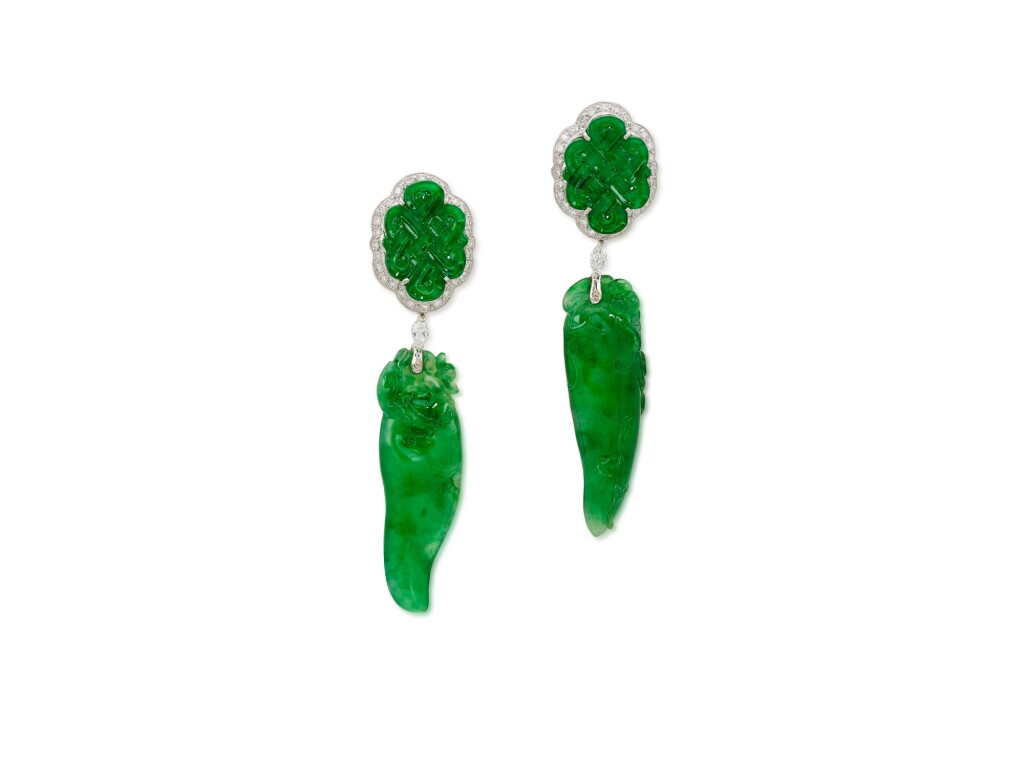 View full screen - View 1 of Lot 1678. Pair of Jadeite and Diamond Pendent Earrings | 天然翡翠 配 鑽石 耳墜一對.