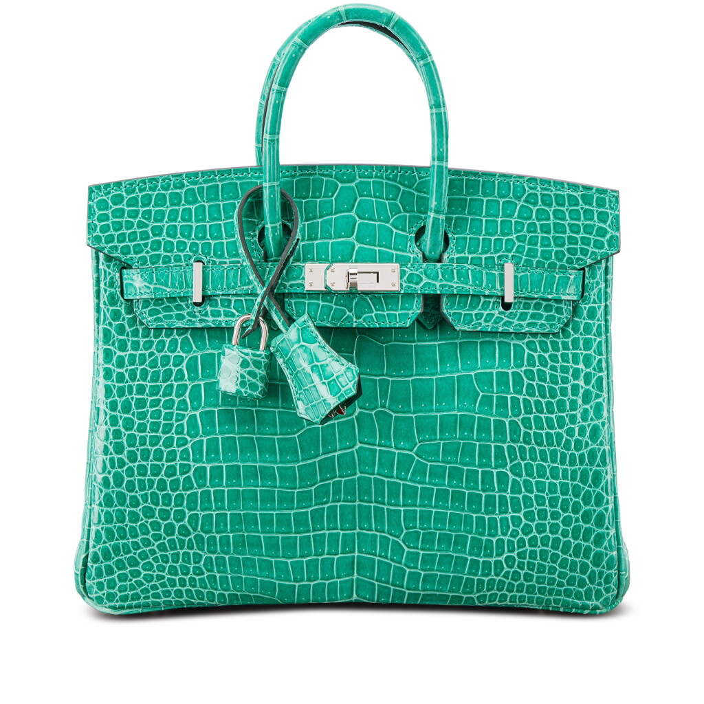 View full screen - View 1 of Lot 541. Vert Jade Shiny Porosus Crocodile Birkin 25 Palladium Hardware, 2021.