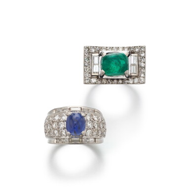 View full screen - View 1 of Lot 613. Emerald and Diamond Ring and a Sapphire and Diamond Ring.
