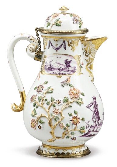 View full screen - View 1 of Lot 154. A RARE MEISSEN HAUSMALER SILVER-GILT-MOUNTED COFFEE POT AND COVER, THE PORCELAIN CIRCA 1720, THE DECORATION CIRCA 1740.