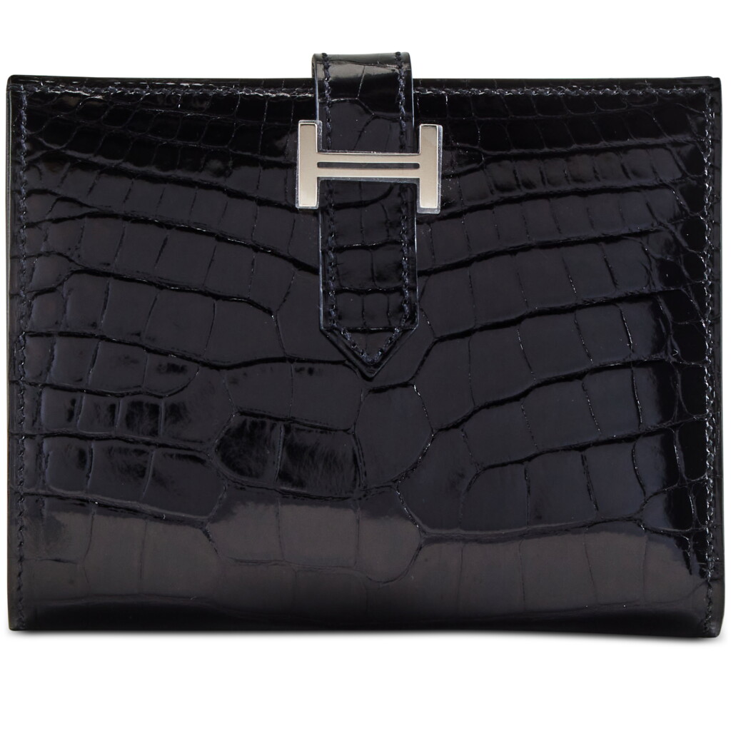 View full screen - View 1 of Lot 163. Black Shiny Mississippiensis Alligator Béarn Wallet Palladium Hardware, 2024.