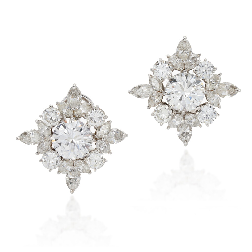 View full screen - View 1 of Lot 69. Pair of diamond earrings.