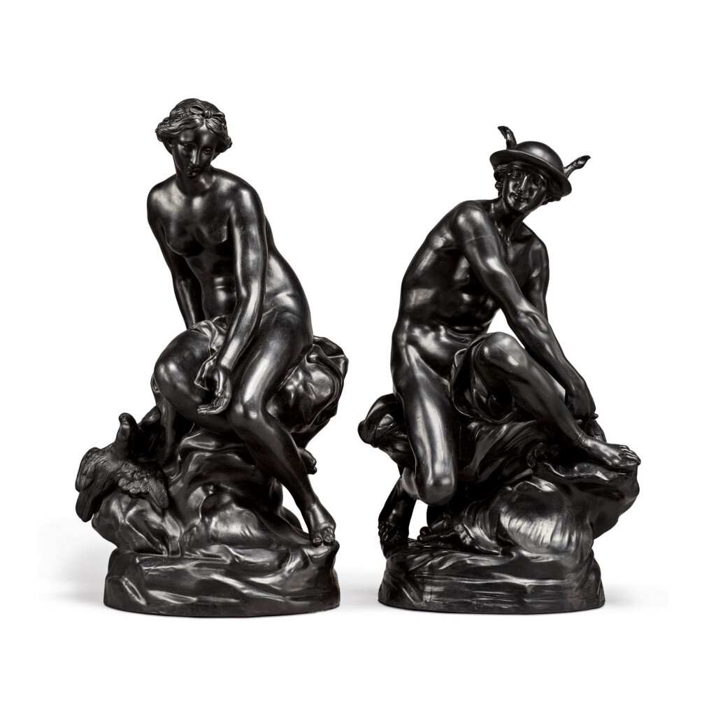 View full screen - View 1 of Lot 111. A PAIR OF WEDGWOOD BLACK BASALT LARGE FIGURES OF VENUS AND MERCURY 19TH CENTURY .