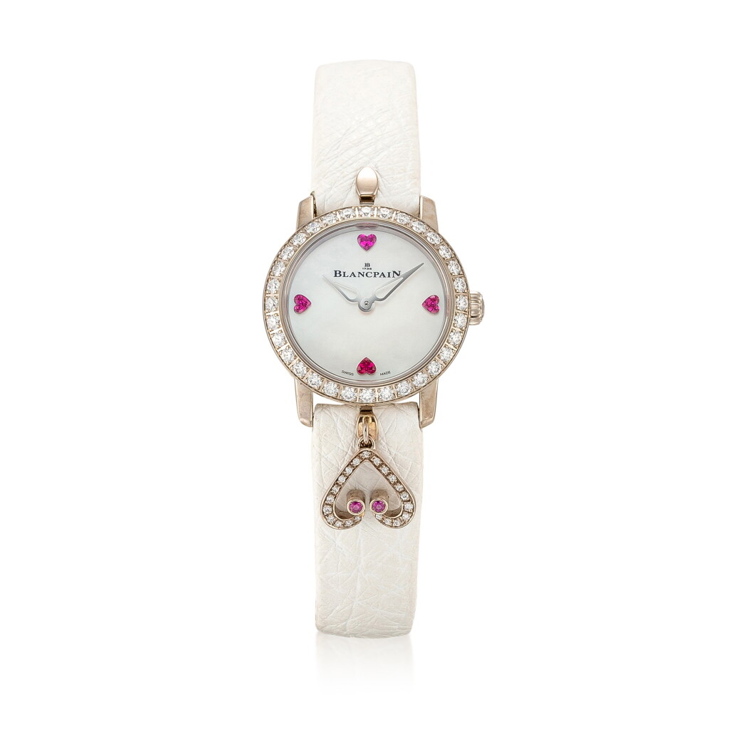 View full screen - View 1 of Lot 8059. Blancpain | Ladybird, Reference 0063-1997-58A, A white gold, diamond and ruby-set wristwatch with mother-of-pearl dial, Circa 2016 | 寶珀 | Ladybird 型號0063-1997-58A 白金鑲鑽石及紅寶石腕錶,備珠母貝錶盤,約2016年製作.