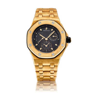 View full screen - View 1 of Lot 2216. Royal Oak Offshore, Reference 25970 | A limited edition pink gold dual time zone bracelet watch with date and power reserve indication, Made to celebrate the handover of Hong Kong to China, Circa 1997 | 愛彼 | 皇家橡樹離岸型系列 型號25970 | 限量版粉紅金兩地時間鏈帶腕錶,備日期及動力儲備顯示,為慶祝香港回歸而製,約1997年製.