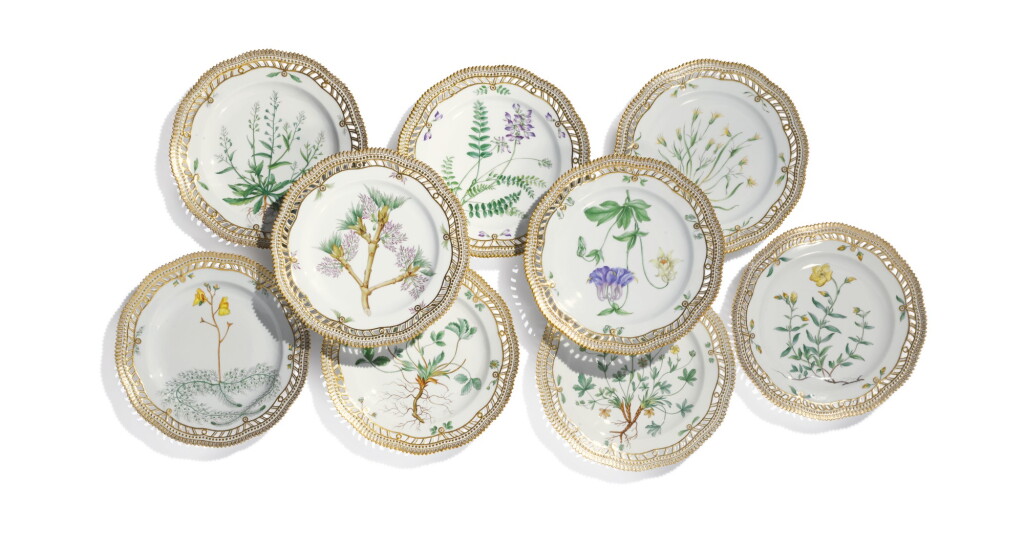 View full screen - View 1 of Lot 957. EIGHTEEN ROYAL COPENHAGEN 'FLORA DANICA' RETICULATED DINNER PLATES, LATE 19TH CENTURY AND LATER.